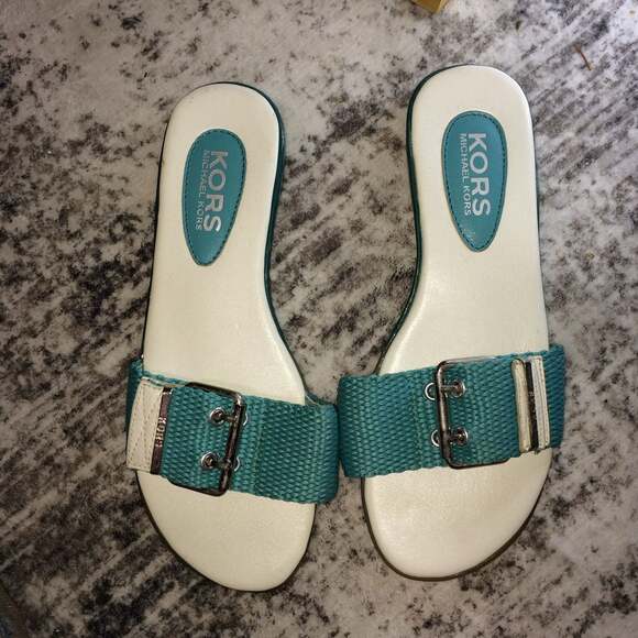 KORS Michael Kors Teal Canvas Buckle Slide Sandals Size 5 main image 2